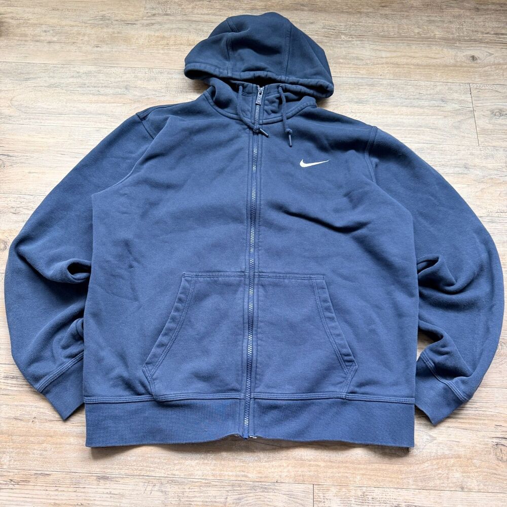 Nike Y2K Full Zip Hoodie Blue Fleece Sweatshirt Large Swoosh Zip Up Jacket